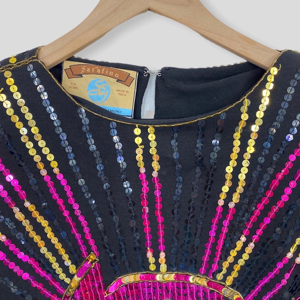 Vintage 90s Sarafino One of a Kind Sequin Celestial Sun Face Cotton Shirt - Picture 3 of 10